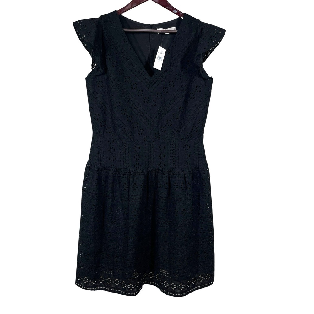 NEW Loft Eyelet Lace Dress Womens 10 Black Cap Sleeve V-Neck Lined‎ Party Office